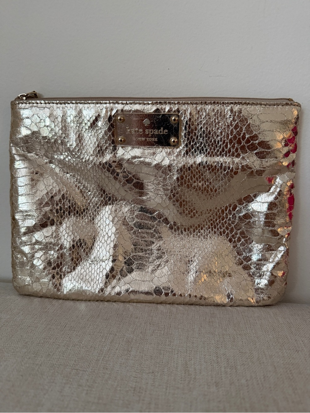 kate spade Metallic Gold Snake-Embossed Zip Clutch